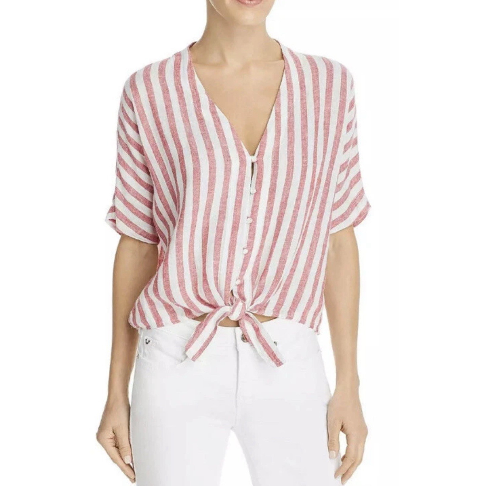 Rails Thea Stripe Tie Front Button Down Linen Oversized Top Size S Resort